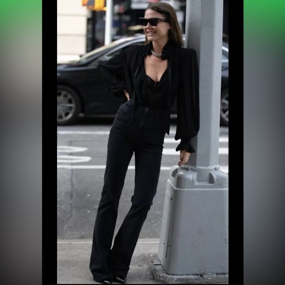 New J Brand 1219 Runway High Rise Boot Jeans slim flare Leg Black size 32